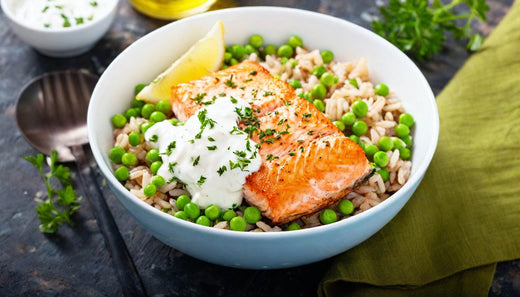 Salmon Bowl with Lemon-Herb Yogurt Dressing, Brown Rice, and Peas